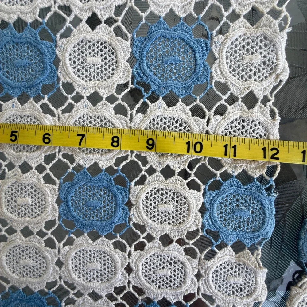 Vintage Crochet Lace Table Runner Set Blue White Floral 5 Piece Cottagecore